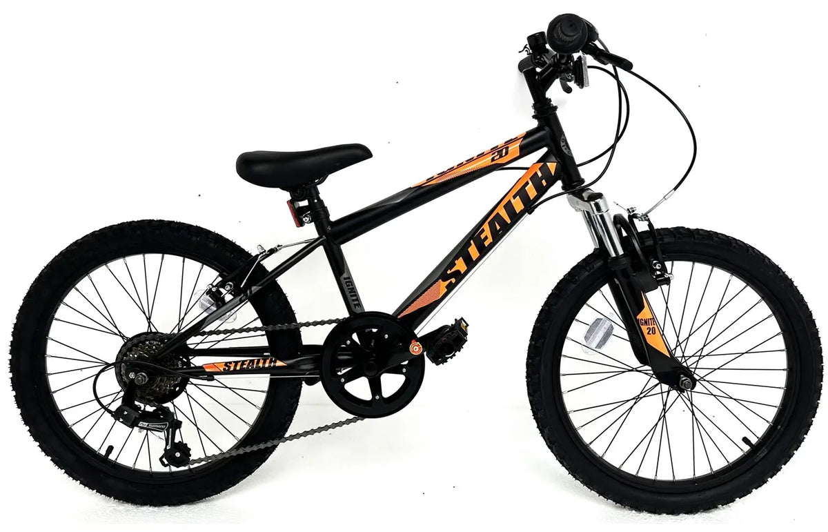 Ignite Stealth 20 inch MATT BLACK – NEON ORANGE bike at Scanlon Cycles